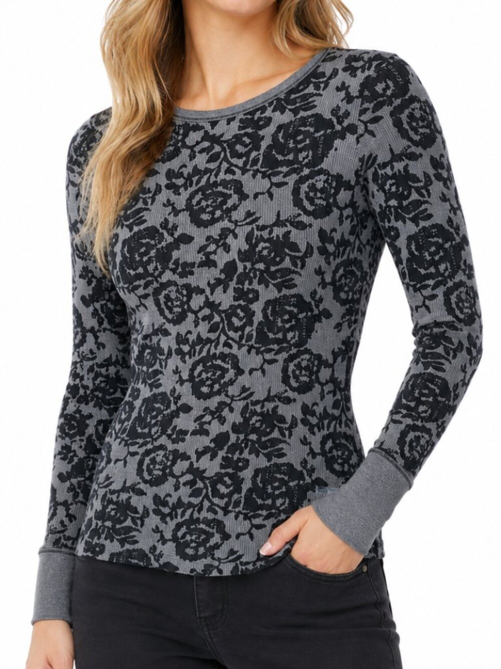 COLUMBIA Thermal Waffle Knit Long Sleeve Top Grey Black Floral Medium Base Layer